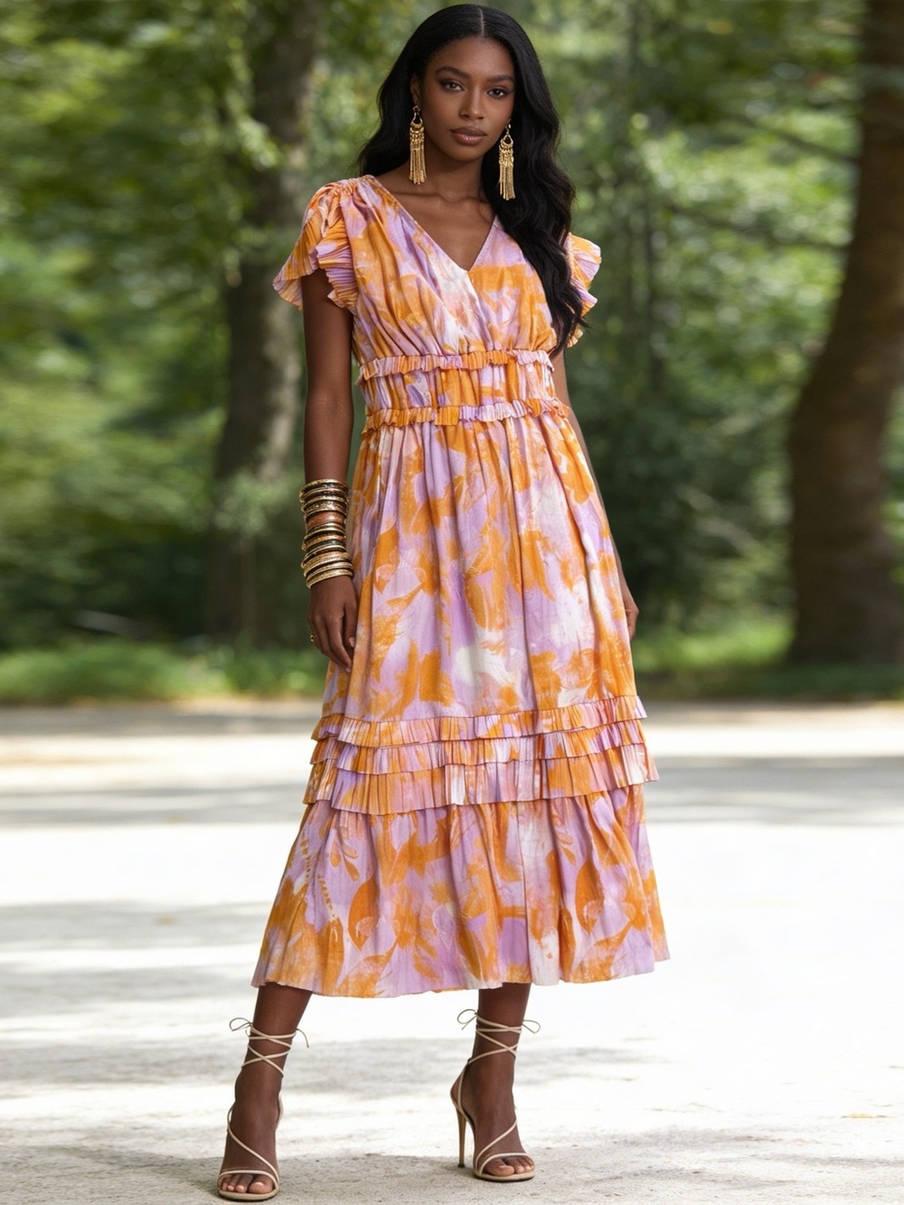 Current Air Lavender and Orange Ruffle Midi Dress